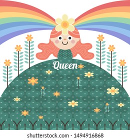 queen of colorful forest. create moisture for nature. beautiful world with trees and flowers. Rainbow of life. The woman who brightens the world. flat design vector illustration concept