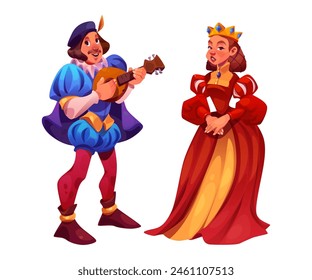 Queen and court musician characters set isolated on white background. Vector cartoon illustration of male composer playing guitar, female in royal golden crown and red gown, carnival costumes design