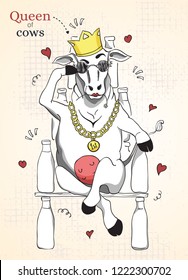 The Queen of cows sits on the throne of milk bottles. Vector. Isolated on background. Cartoon character.