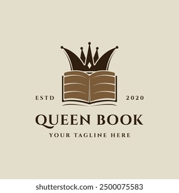 queen crown and book logo vintage vector illustration template icon graphic design. creative coronal mix library sign or symbol for business or learning concept