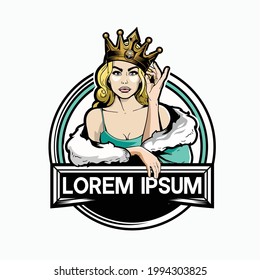 plantilla de logotipo de la insignia vectorial del personaje de la caricatura de la reina con la corona