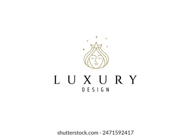 Queen crown decorated with stars in luxury line art logo design
