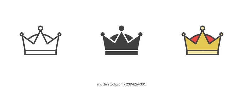 Juego de iconos de estilos diferentes de la corona reina. Línea, glifo y contorno relleno versión colorida, contorno y signo vectorial relleno. Símbolo, ilustración del logotipo. Gráficos vectoriales