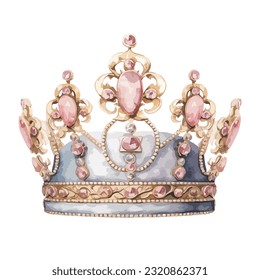 queen crown in gold and pink diamond in watercolor illustration