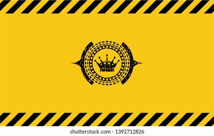queen crown icon black grunge emblem, yellow warning sign. Vector Illustration. Detailed.
