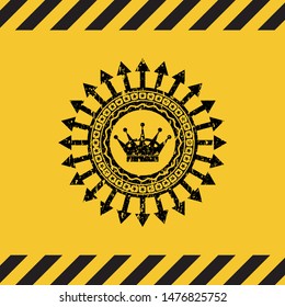 queen crown icon grunge black emblem with yellow background, warning sign. Vector Illustration. Detailed.
