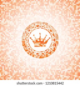 queen crown icon inside abstract emblem, orange mosaic background