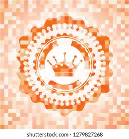 queen crown icon inside abstract emblem, orange mosaic background