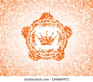 queen crown icon inside abstract emblem, orange mosaic background