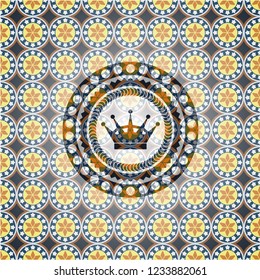 queen crown icon inside arabic style emblem. Arabesque decoration.