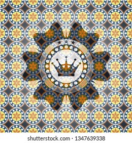 queen crown icon inside arabic style emblem. Arabesque decoration.