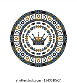 queen crown icon inside arabic style emblem. Arabesque decoration.