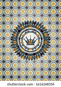 queen crown icon inside arabic badge. Arabesque decoration.
