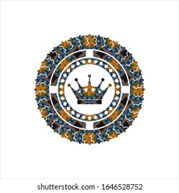 queen crown icon inside arabic style emblem. Arabesque decoration.
