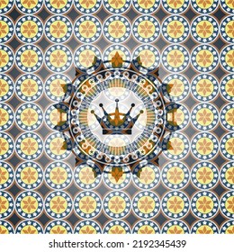 queen crown icon inside arabic emblem background. Arabesque decoration. 