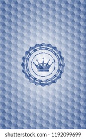queen crown icon inside blue emblem with geometric pattern background.