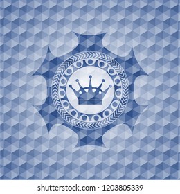 queen crown icon inside blue emblem or badge with geometric pattern background.