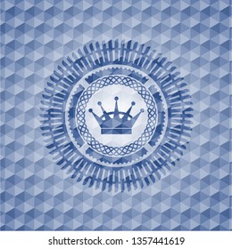 queen crown icon inside blue emblem with geometric pattern background.