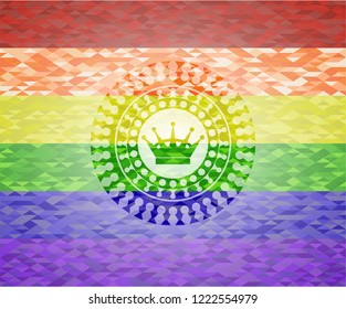 queen crown icon inside emblem on mosaic background with the colors of the LGBT flag