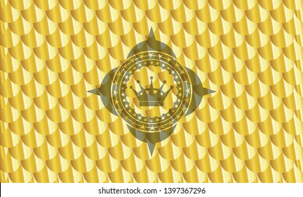 queen crown icon inside gold emblem. Scales pattern. Vector Illustration. Detailed.