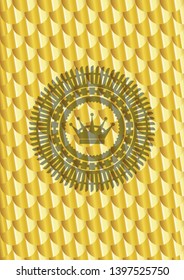 queen crown icon inside gold badge. Scales pattern. Vector Illustration. Detailed.