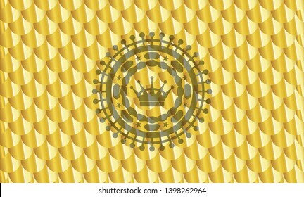 queen crown icon inside gold shiny badge. Scales pattern. Vector Illustration. Detailed.