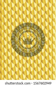 queen crown icon inside gold shiny badge. Scales pattern. Vector Illustration. Detailed.