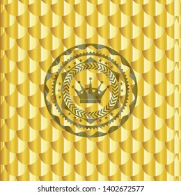 queen crown icon inside golden badge. Scales pattern. Vector Illustration. Detailed.