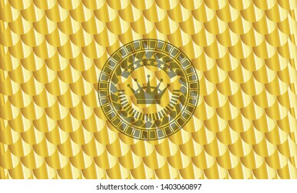 queen crown icon inside golden badge. Scales pattern. Vector Illustration. Detailed.