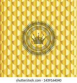 queen crown icon inside golden badge. Scales pattern. Vector Illustration. Detailed.