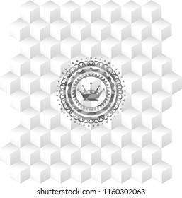 queen crown icon inside grey emblem with geometric cube white background
