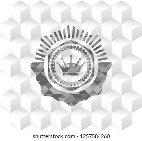 queen crown icon inside grey icon or emblem with geometric cube white background