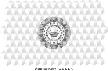 queen crown icon inside grey emblem with geometric cube white background