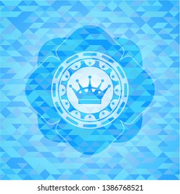 queen crown icon inside light blue emblem with mosaic ecological style background