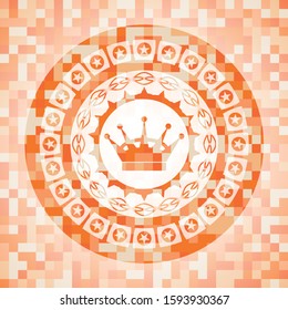 queen crown icon inside orange tile background illustration. Square geometric mosaic seamless pattern with emblem inside.