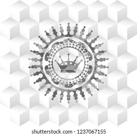 queen crown icon inside realistic grey emblem with cube white background