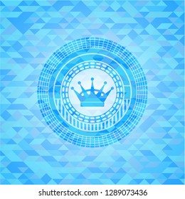 queen crown icon inside realistic light blue emblem. Mosaic background