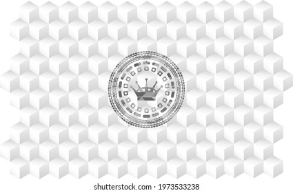 queen crown icon inside realistic grey emblem with geometric cube white background. 