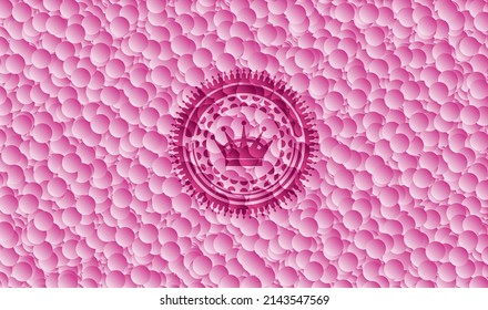 queen crown icon inside realistic pink emblem with bubbles background. Vector Illustration. Detailed. 