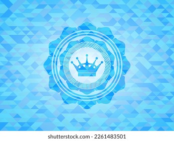 queen crown icon inside realistic light blue mosaic emblem. 