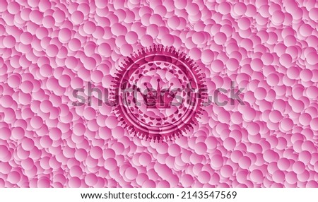 queen crown icon inside realistic pink emblem with bubbles background. Vector Illustration. Detailed. 