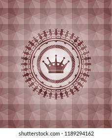 queen crown icon inside red seamless emblem or badge with geometric pattern background.