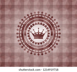 queen crown icon inside red seamless emblem or badge with geometric pattern background.