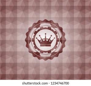 queen crown icon inside red seamless emblem with geometric pattern background.