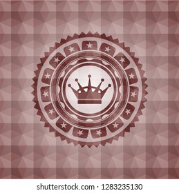 queen crown icon inside red seamless emblem or badge with abstract geometric polygonal pattern background.