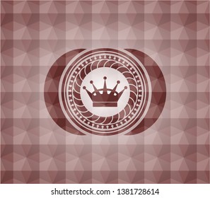 queen crown icon inside red seamless emblem or badge with geometric pattern background.