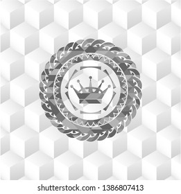 queen crown icon inside retro style grey emblem with geometric cube white background