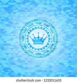 queen crown icon inside sky blue emblem with triangle mosaic background