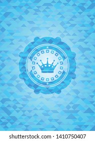 queen crown icon inside sky blue emblem with mosaic background