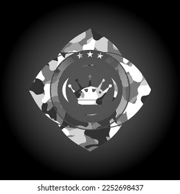 queen crown icon on grey camouflage pattern. 